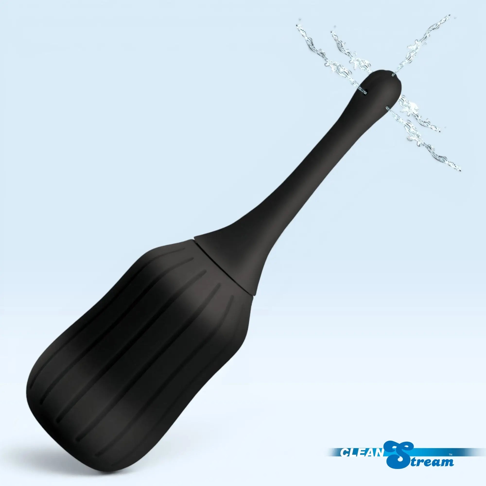 CleanStream black silicone enema bulb with a poseable nozzle, spraying water against a light blue background.