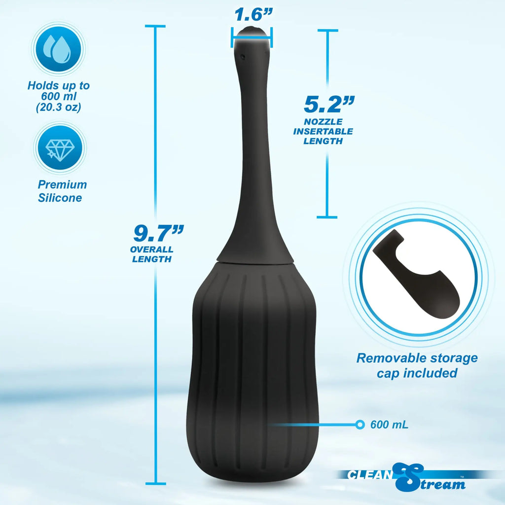 CleanStream black silicone enema bulb with a poseable nozzle and storage cap, showing 9.7-inch total length dimensions.