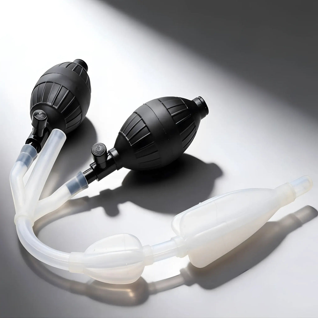 CleanStream Silicone Inflatable Double Bulb System: two black hand pumps connected to clear silicone tubing and nozzles.