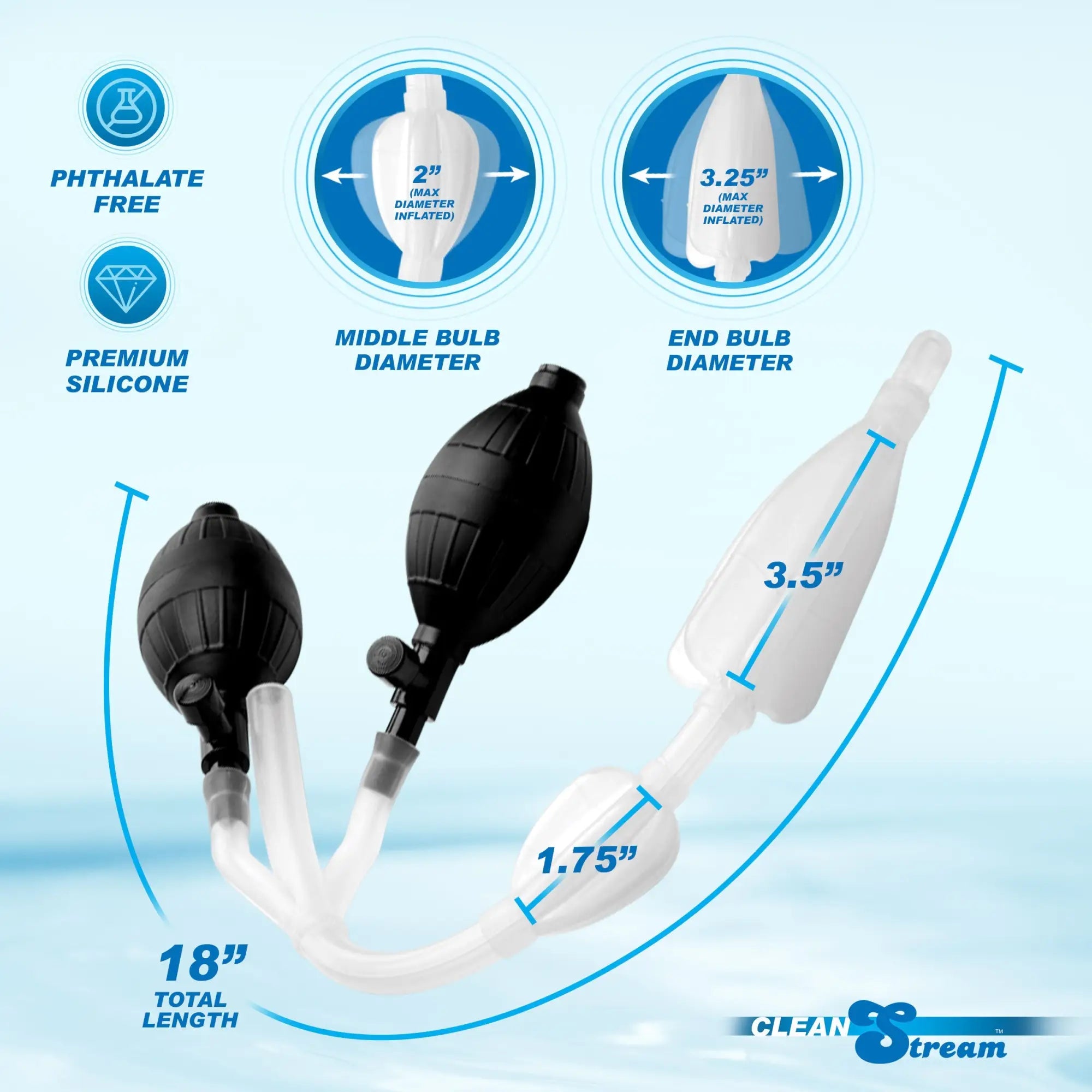 CleanStream Silicone Inflatable Double Bulb System showing black hand pumps connected to clear inflatable bulbs with specs.