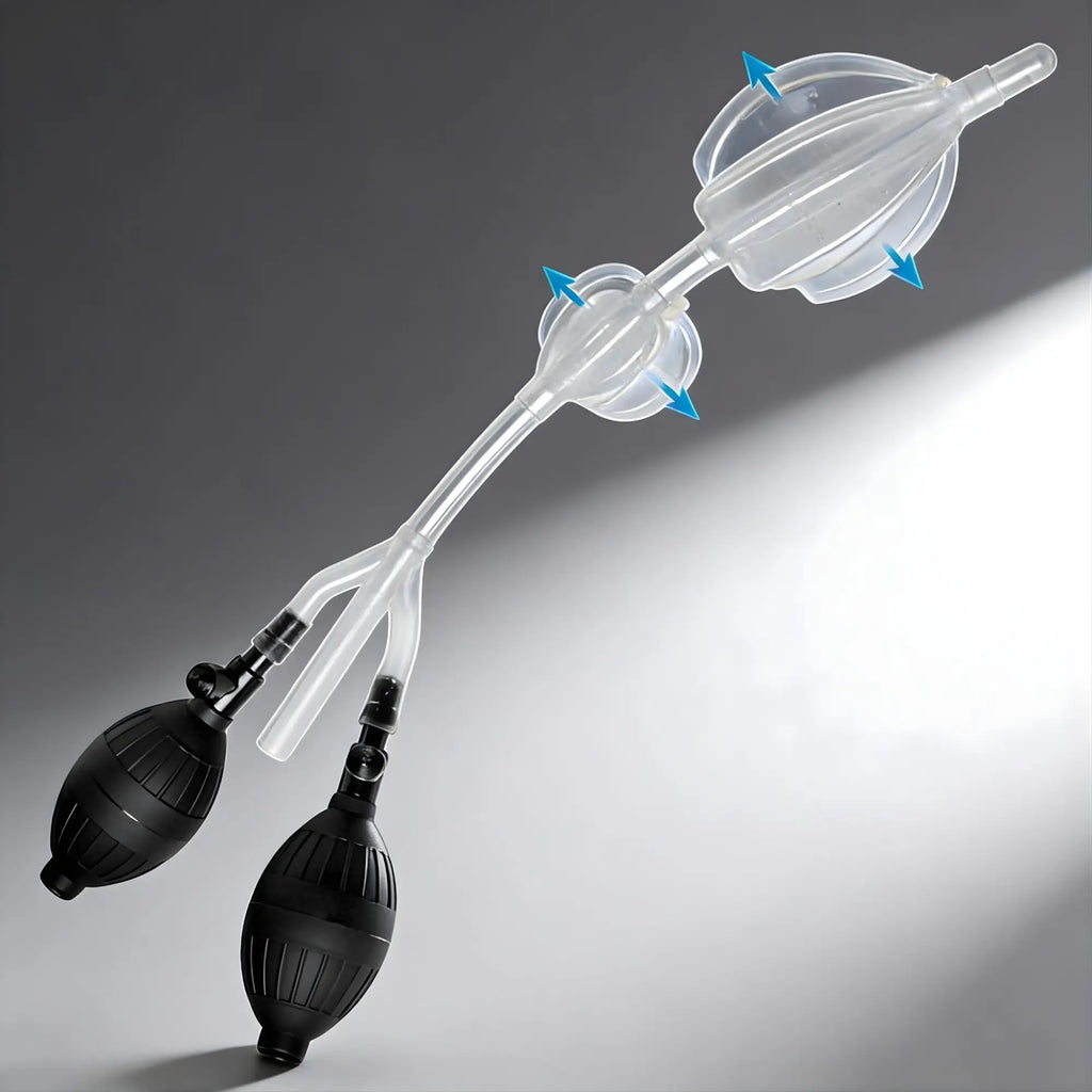 CleanStream Silicone Inflatable Double Bulb System: A clear, two-balloon device with two black manual pump bulbs.