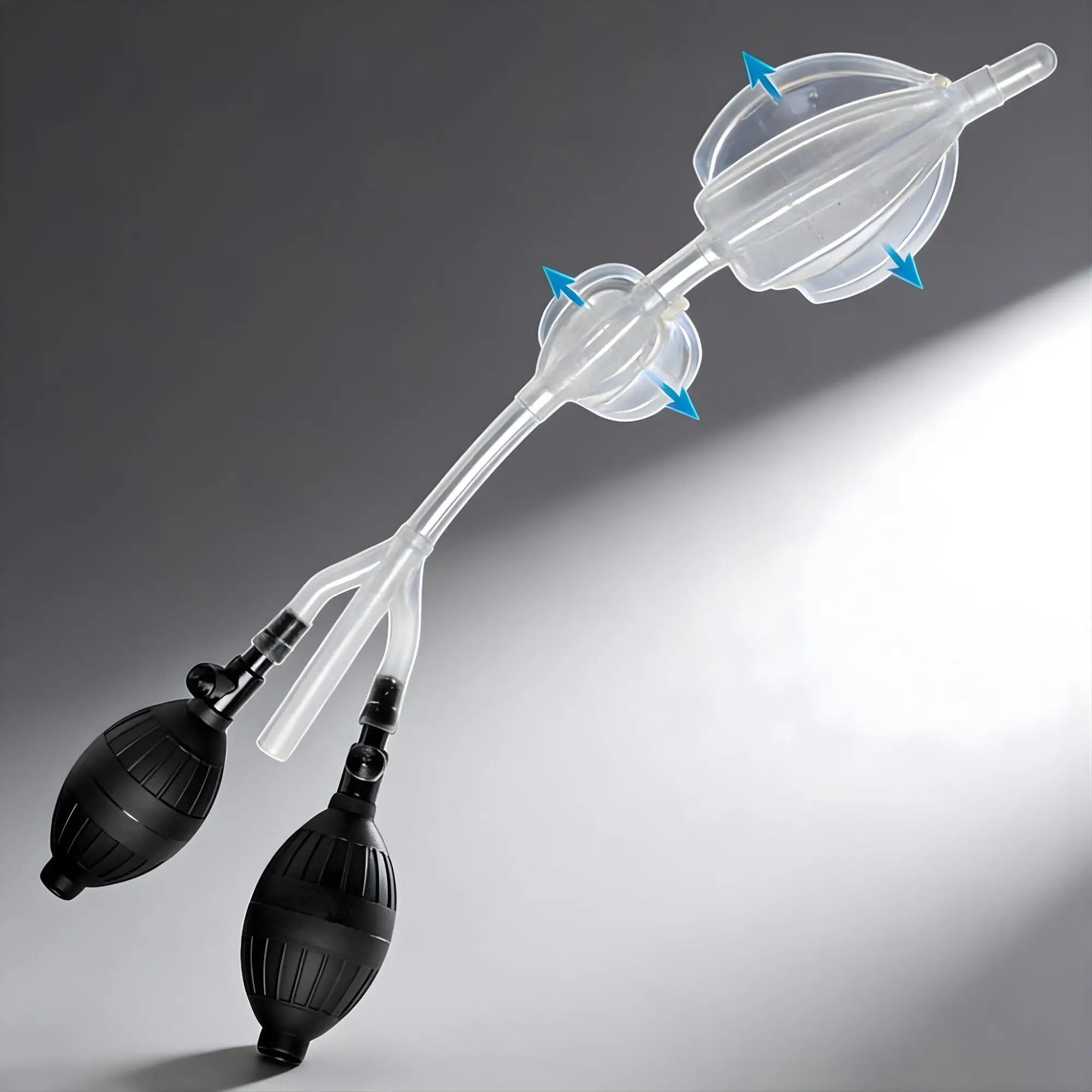 CleanStream Silicone Inflatable Double Bulb System: A clear, two-balloon device with two black manual pump bulbs.