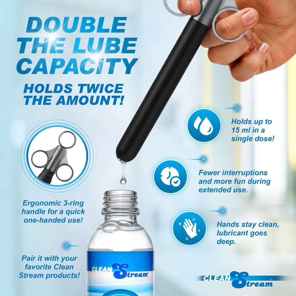 CleanStream Smooth Silicone Lubricant Launcher: A black, 3-ring handled syringe filling from a bottle, with text overlays.