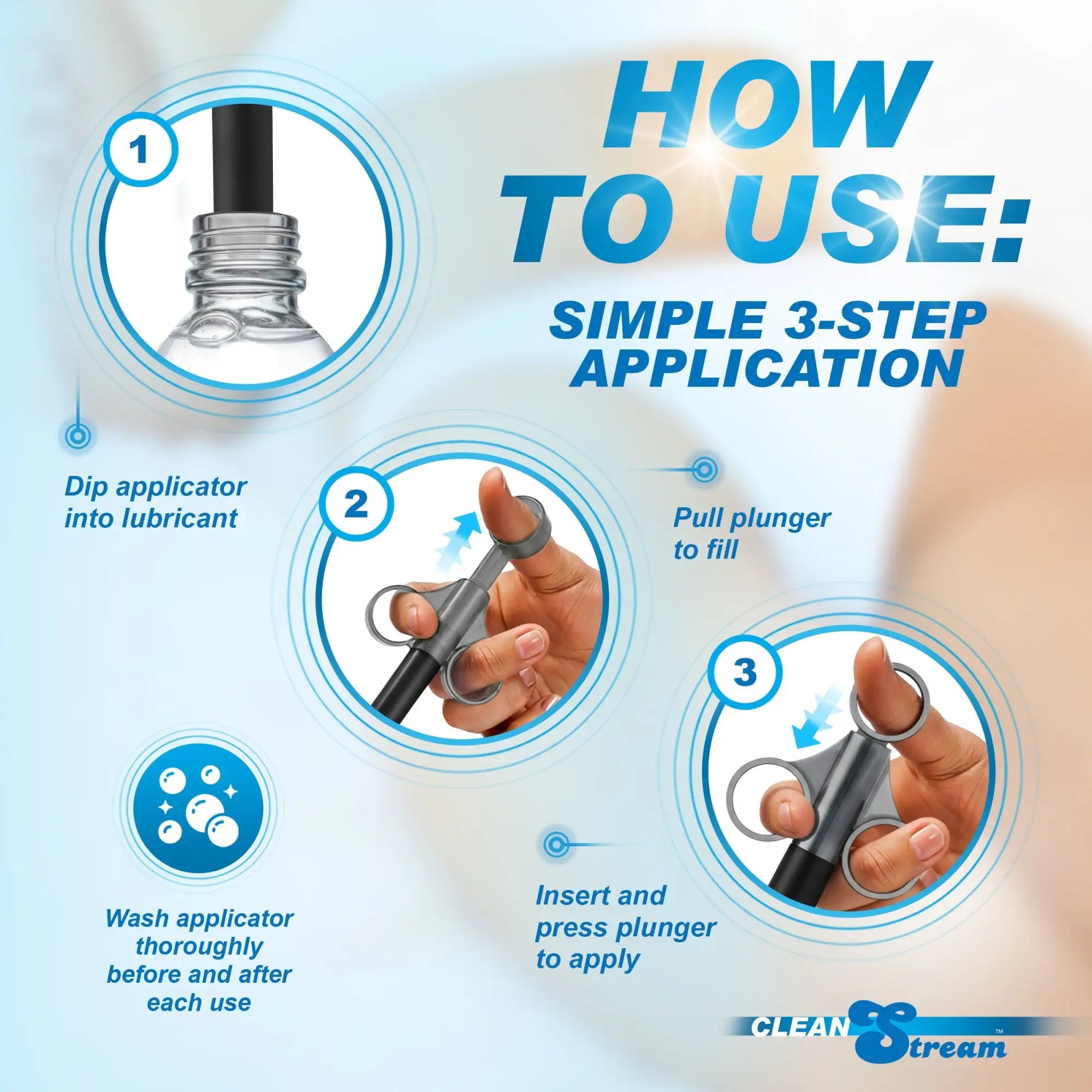 CleanStream Smooth Silicone Lubricant Launcher: An infographic showing 3 simple steps to fill and use the applicator.