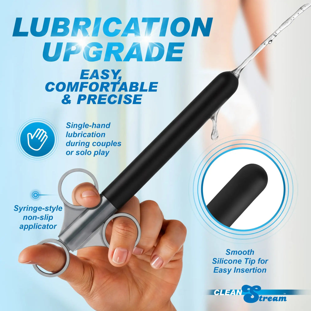 CleanStream Smooth Silicone Lubricant Launcher: A black, syringe-style applicator with a smooth, rounded tip.