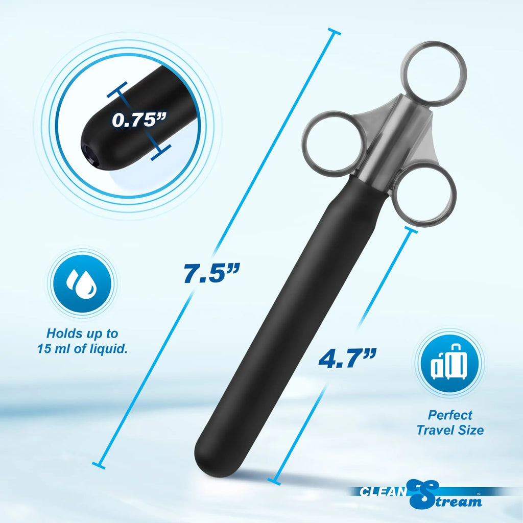 CleanStream Smooth Silicone Lubricant Launcher: A black, syringe-style applicator with finger rings and size dimensions.