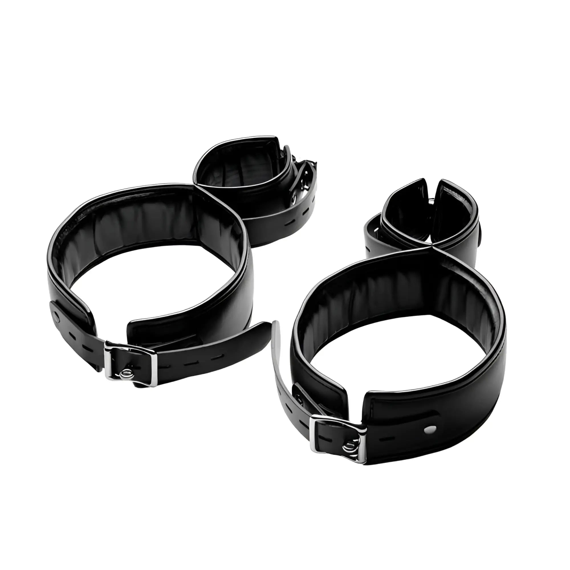CleanStream Thigh Cuff Restraint System: Pair of black, glossy, adjustable padded leg restraints with buckle closures.