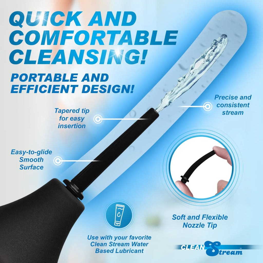 CleanStream Thin Tip Enema Bulb: A black bulb with a flexible, tapered nozzle spraying a stream of water.