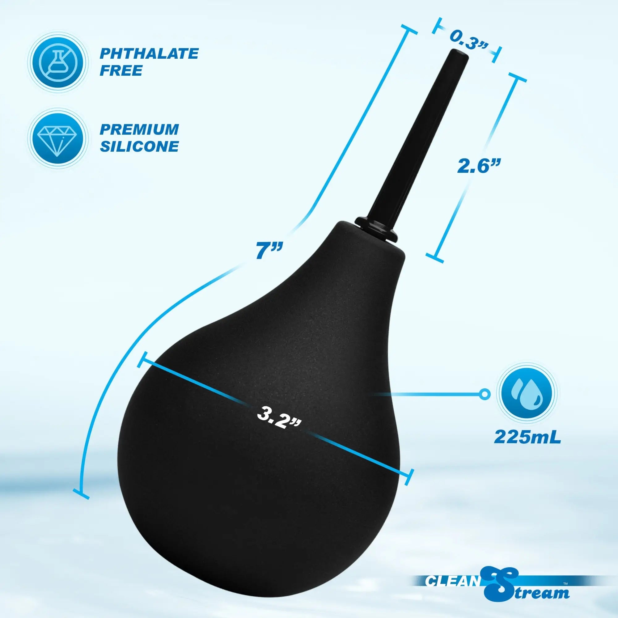 CleanStream Thin Tip Enema Bulb: A matte black, silicone squeeze bulb with dimensional measurement callouts.