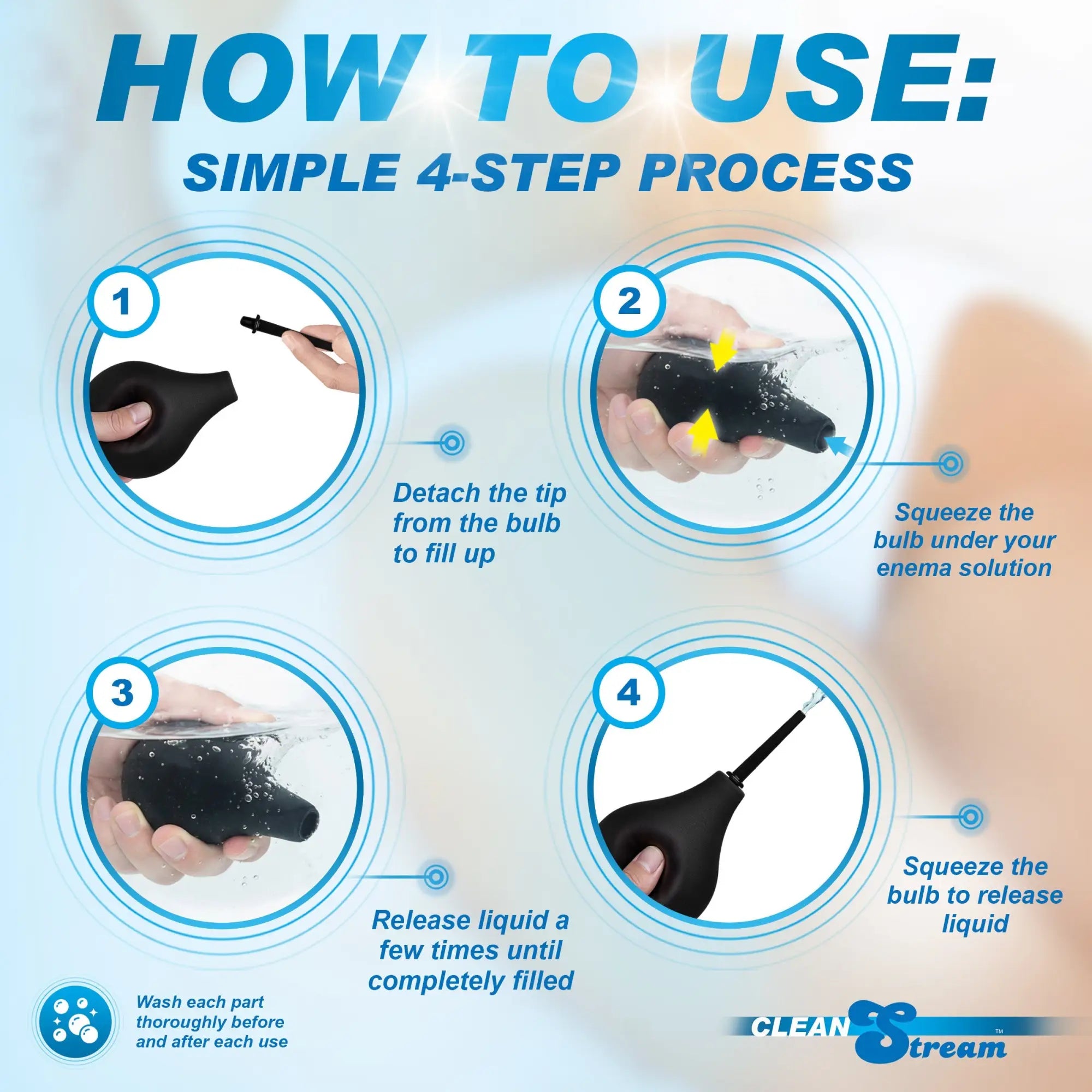 CleanStream Thin Tip Enema Bulb: 4-step instructional graphic showing how to assemble, fill, and use the black bulb.
