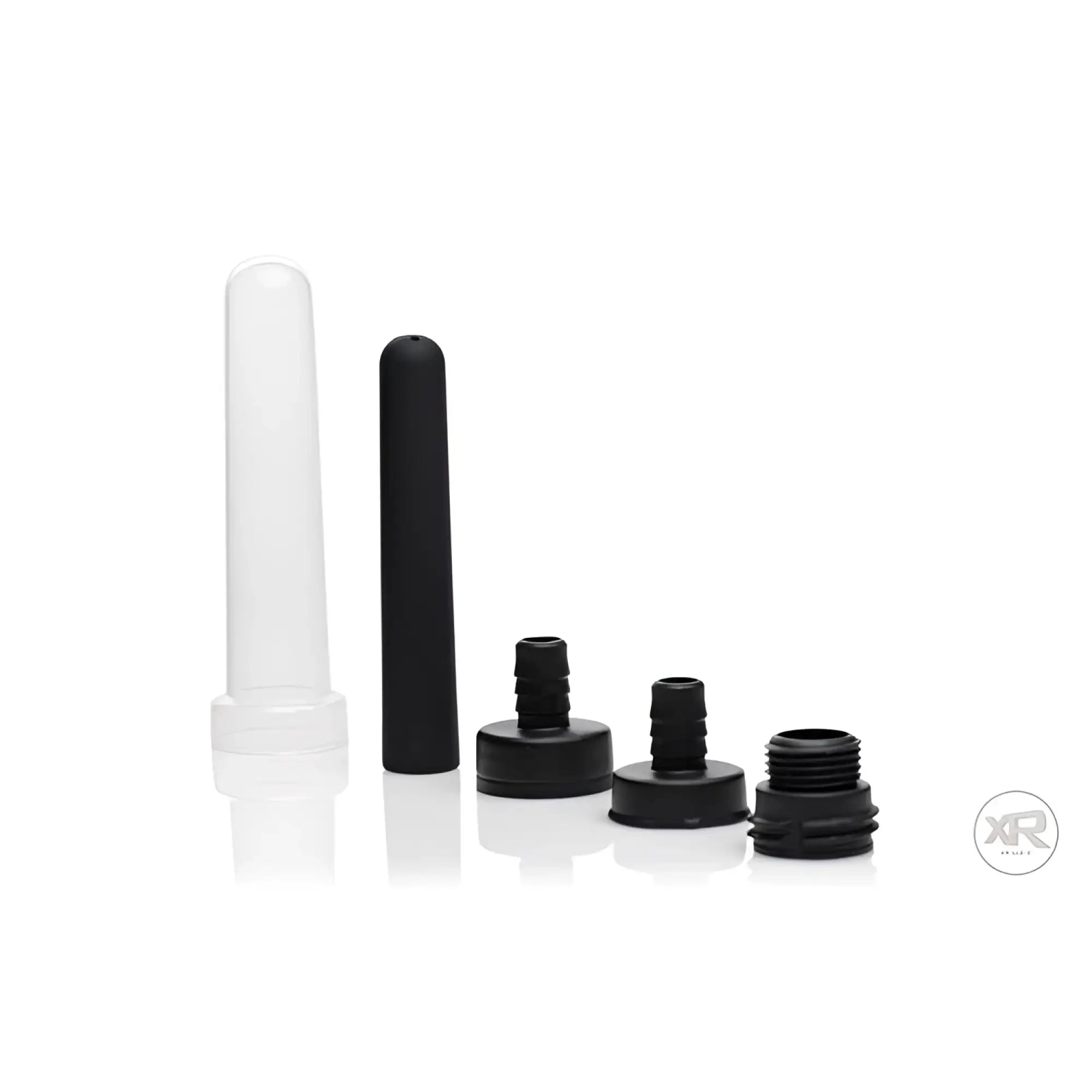 CleanStream Travel Enema Water Bottle Adapter Set with a clear nozzle, black nozzle, and three black threaded adapters.