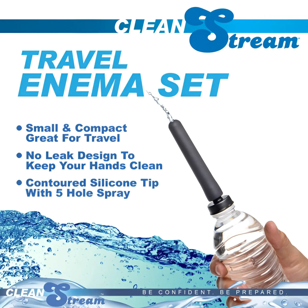 CleanStream Travel Enema Set with a hand holding a water bottle with a grey, multi-hole silicone spray nozzle.