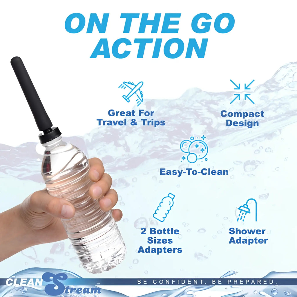 CleanStream Travel Enema Water Bottle Adapter features a black nozzle attached to a plastic water bottle.