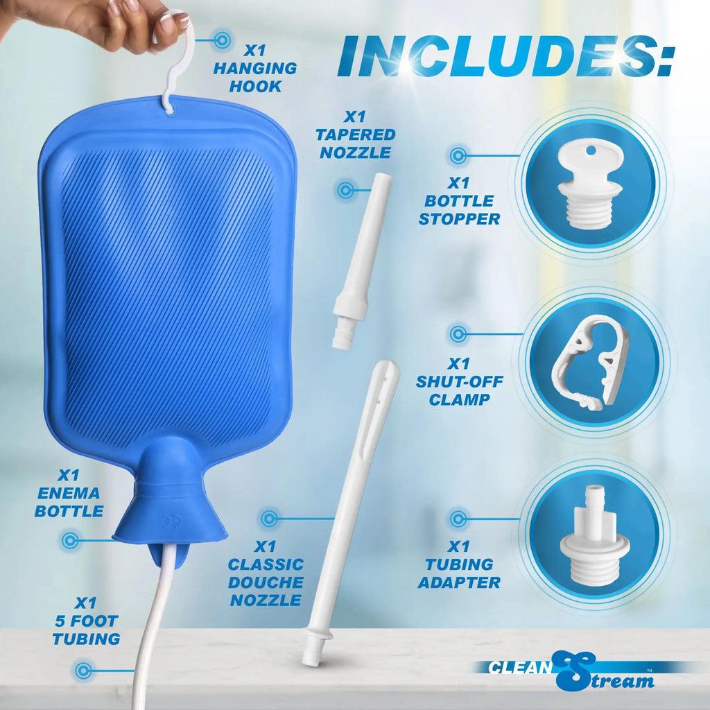 CleanStream Water Bottle Cleansing Kit showing a blue enema bag, white nozzles, tubing, stopper, clamp, and adapter.