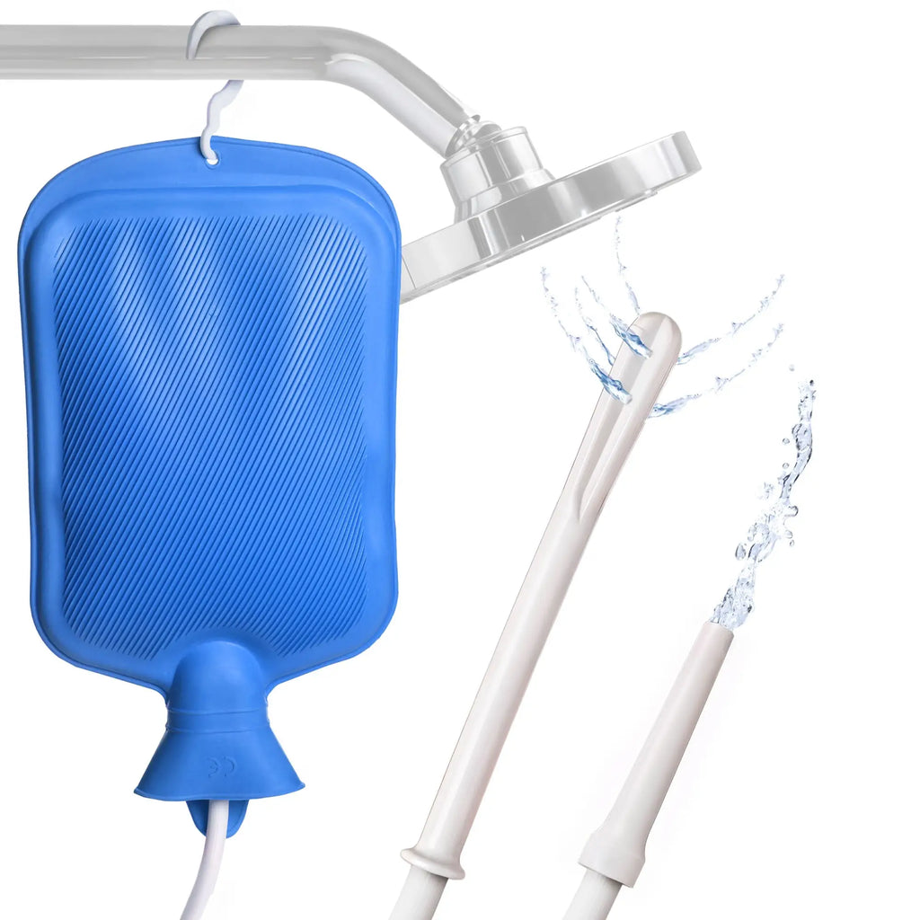 CleanStream Water Bottle Cleansing Kit: Blue textured rubber hot water bottle hanging with white nozzles spraying water.