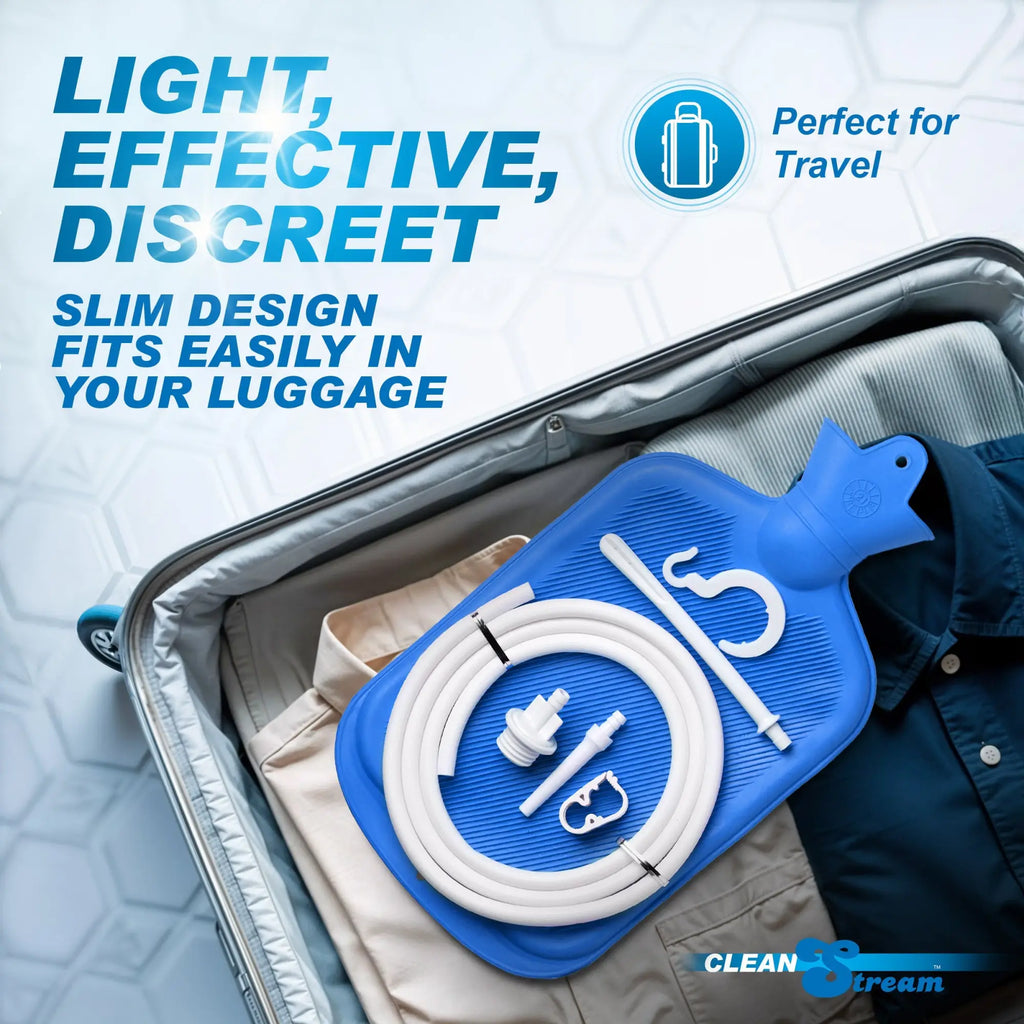 CleanStream Cleansing Kit: A blue rubber water bottle with white tubing and attachments packed inside a travel suitcase.