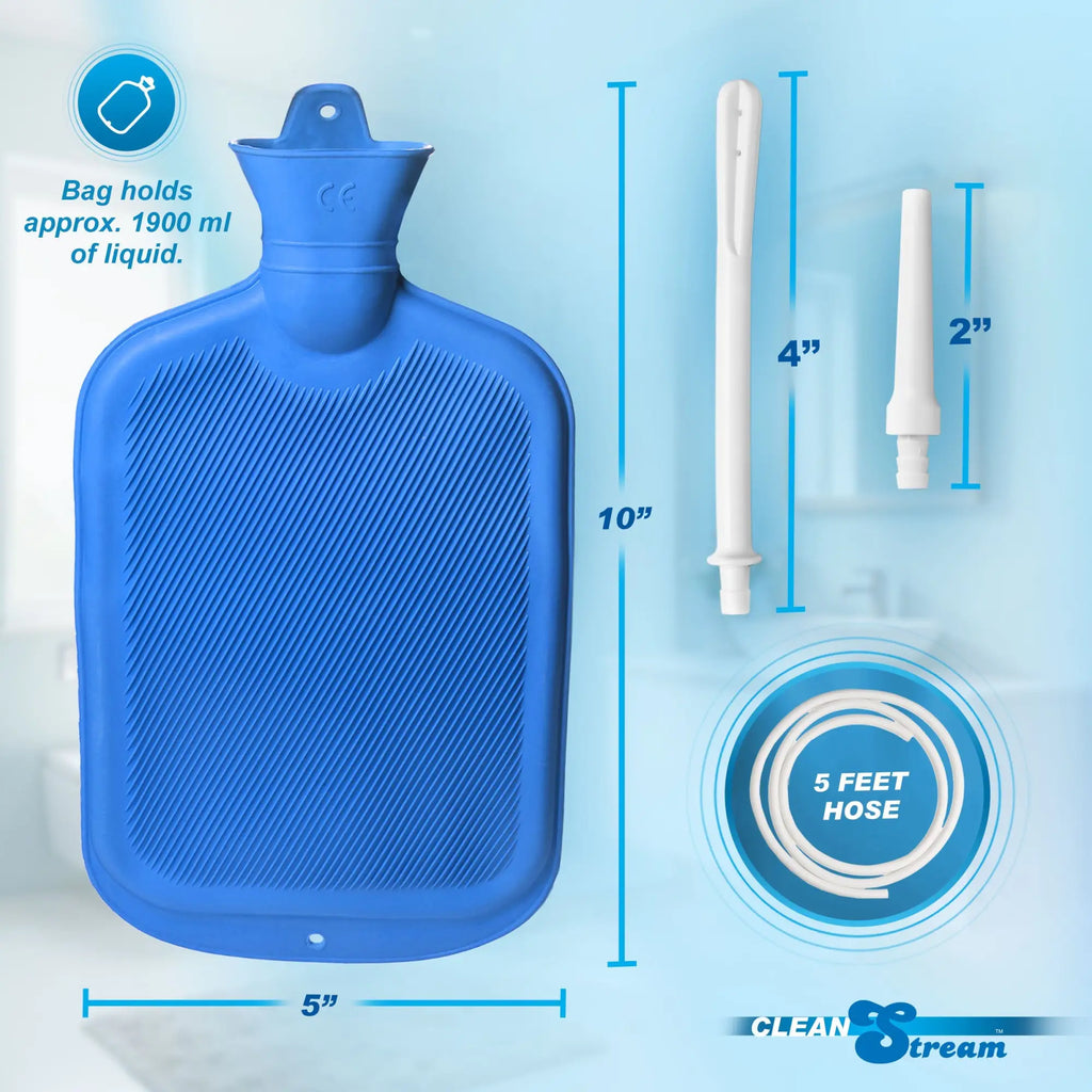 CleanStream Water Bottle Cleansing Kit showing a blue 1900ml rubber bag, 5ft hose, and two white nozzles with dimensions.