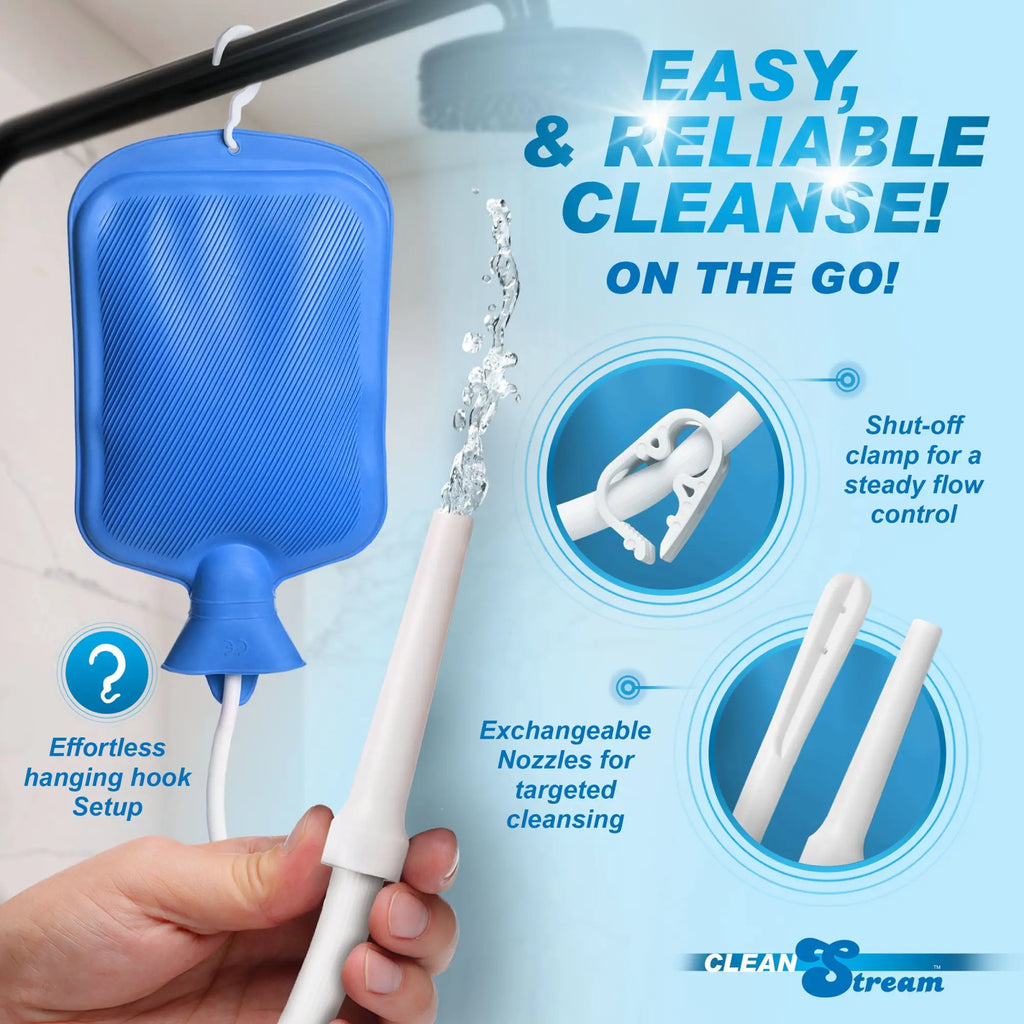 CleanStream water bottle cleansing kit with a blue reservoir, hanging hook, white hose, flow clamp, and nozzles.