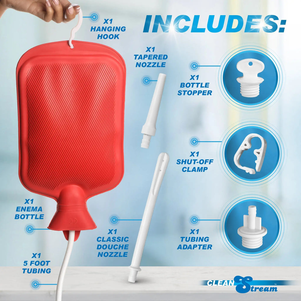 CleanStream Water Bottle Enema Kit with a red rubber bag, white nozzles, tubing, and accessories labeled on a blue background.
