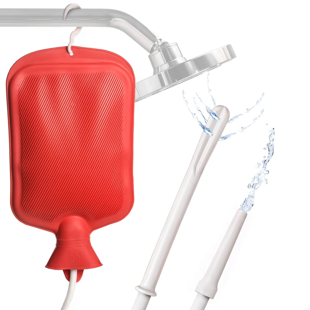 CleanStream Water Bottle Enema Kit features a red ribbed rubber bag hanging from a showerhead with white spray nozzles.