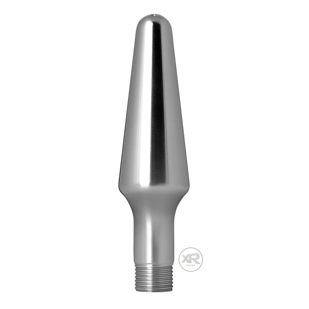 CleanStream Wide Shower Enema Nozzle: a smooth, tapered, reflective chrome metal attachment with a threaded base.