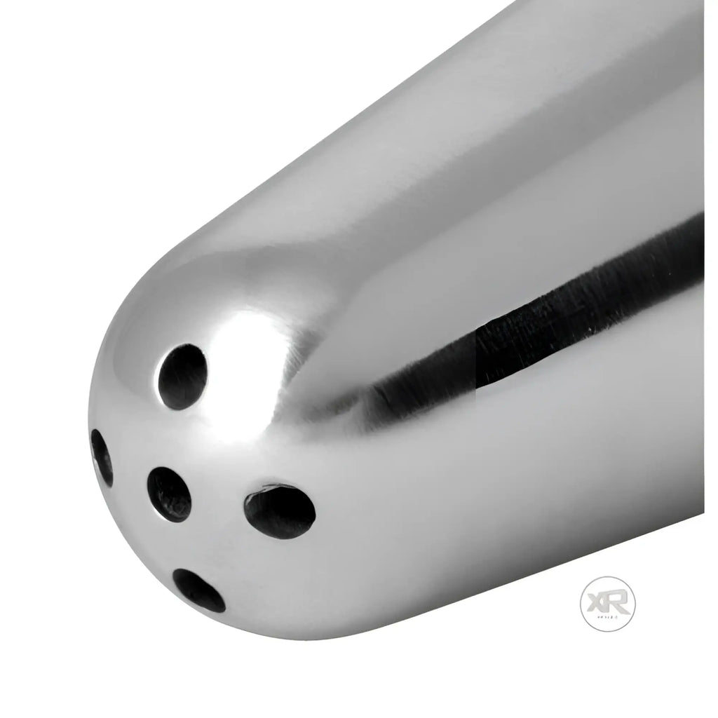 CleanStream Wide Shower Enema Nozzle: A smooth, reflective silver metal tip with five drainage holes at the rounded end.