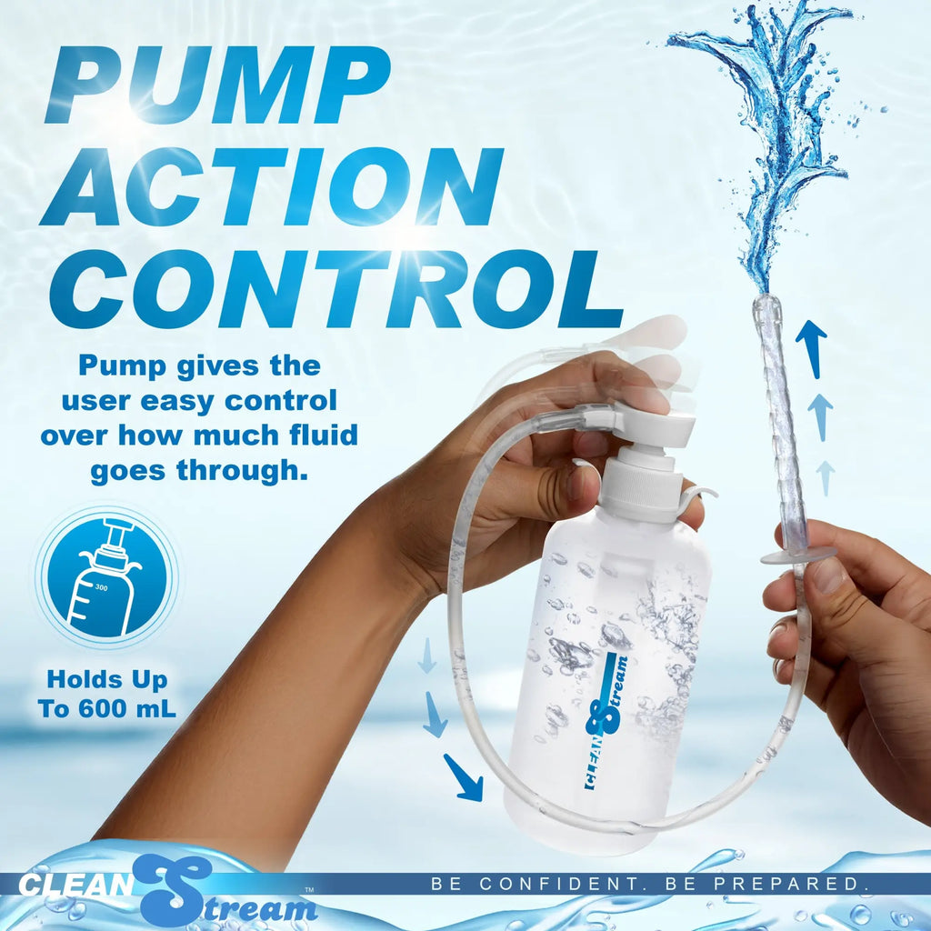CleanStream XL Enema Bottle showing a clear pump-action bottle with tubing, a nozzle, and water spraying upward.