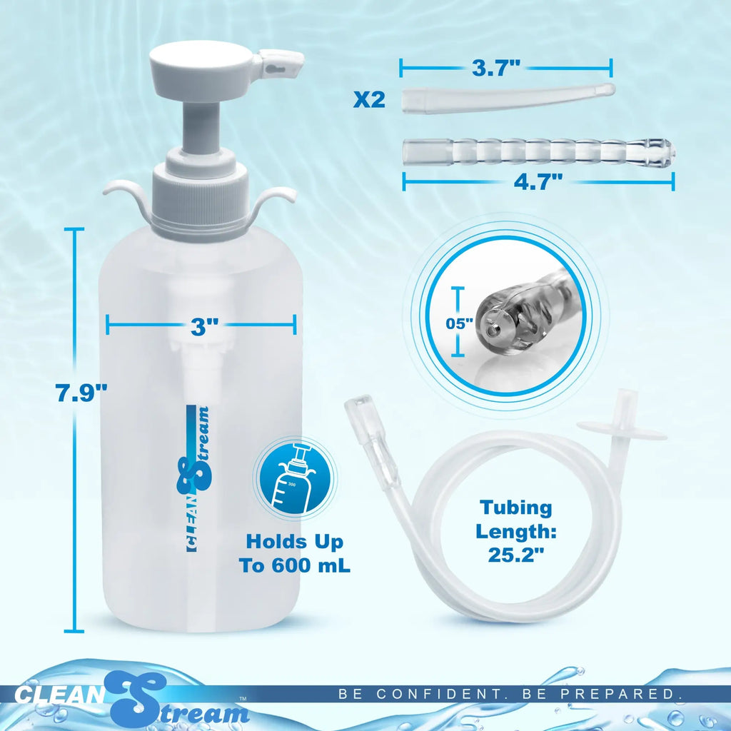 CleanStream XL Enema Bottle with 600mL capacity, includes tubing and three various clear plastic nozzle attachments.