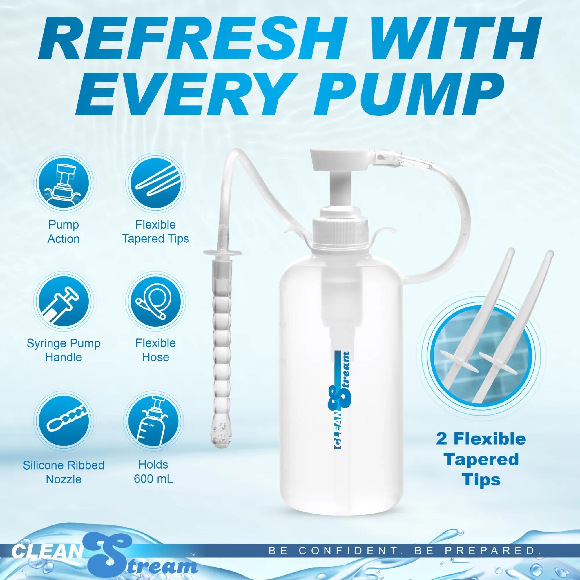 CleanStream XL Enema Bottle in white plastic, featuring a pump top, flexible hose, ribbed nozzle, and tapered tips.