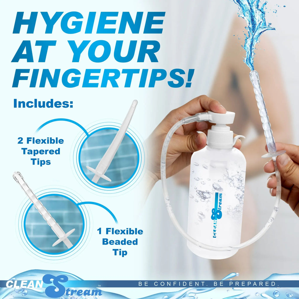 CleanStream XL enema bottle with clear plastic design, white pump, clear tubing, and three interchangeable tips.