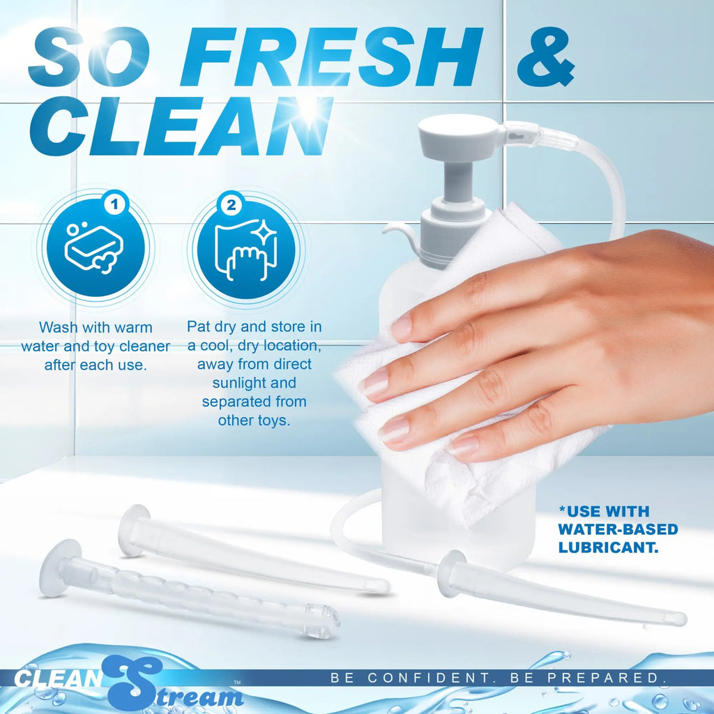CleanStream XL Enema Bottle with 3 clear attachments being cleaned with a white cloth, plus care instructions.