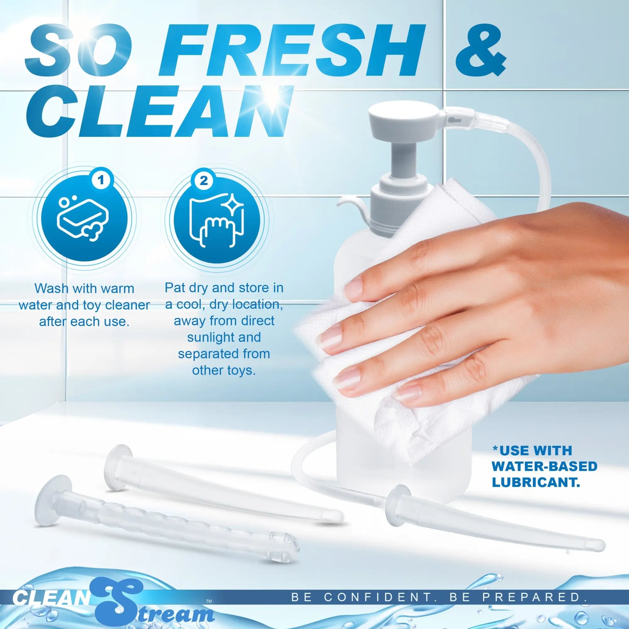 CleanStream XL Enema Bottle with 3 clear attachments being cleaned with a white cloth, plus care instructions.