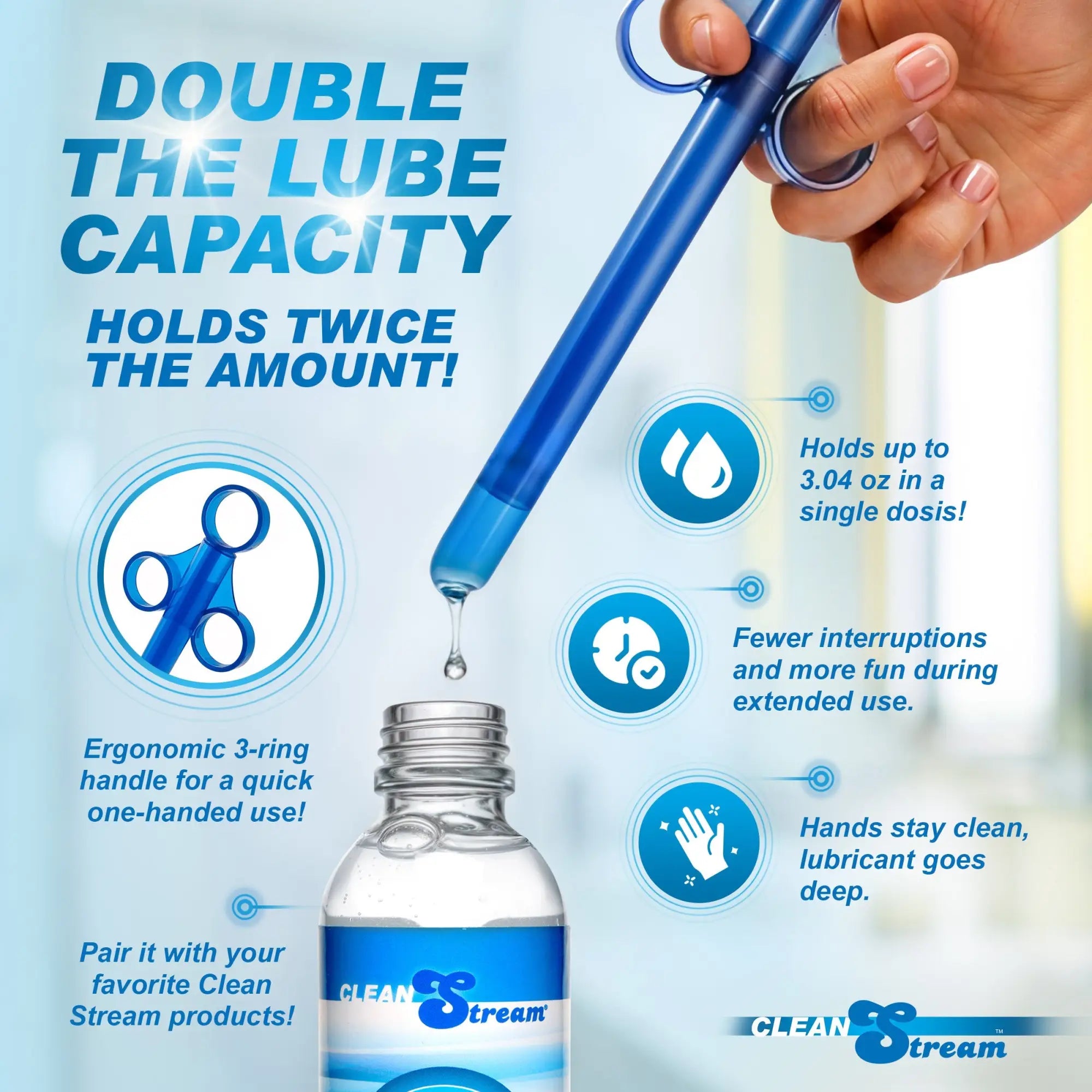 A hand holds the CleanStream XL Lubricant Launcher - CleanStream Blue over a bottle, showcasing its double capacity, ergonomic handle, and single-dose use—perfect for cleaner hands and fewer interruptions during application.