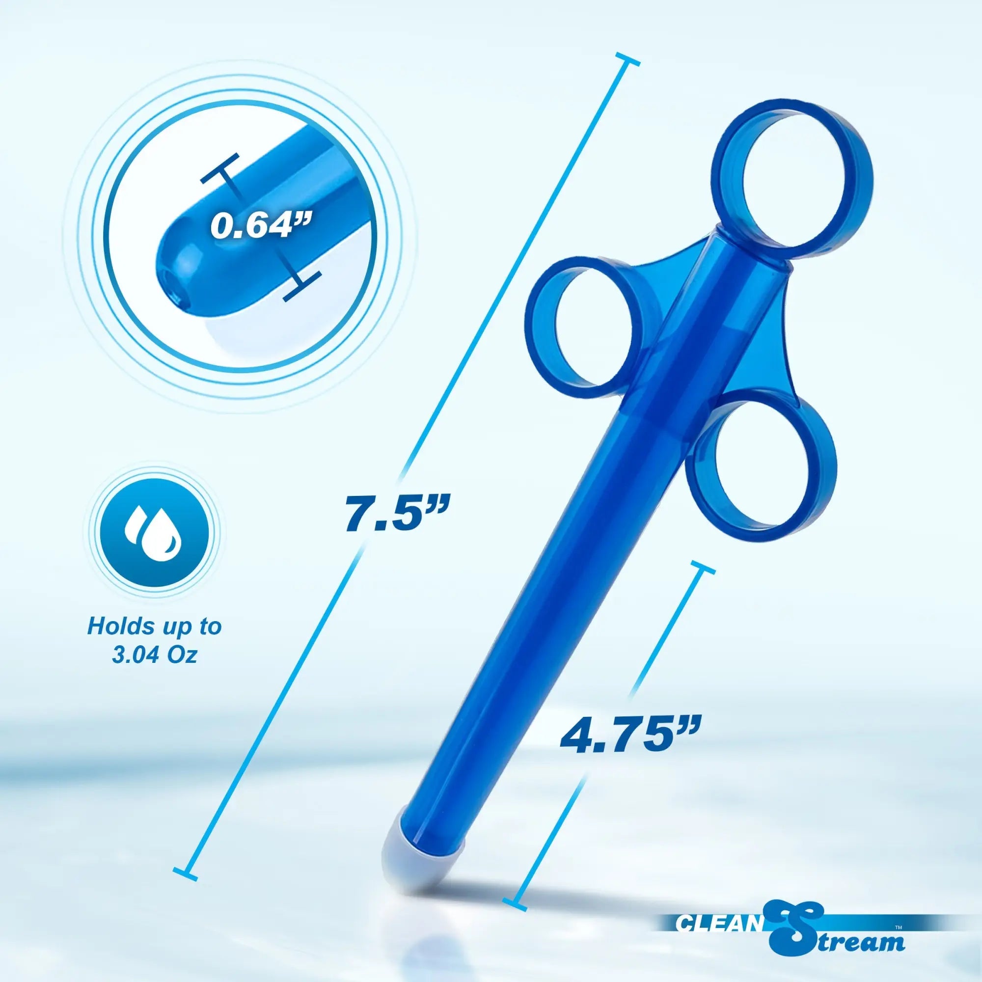 The CleanStream XL Lubricant Launcher - CleanStream Blue is a plastic applicator with three finger rings, measures 7.5" long (4.75" insertable), 0.64" wide, holds up to 3.04 oz, and is ideal as an anal lube applicator; features the Clean Stream logo.