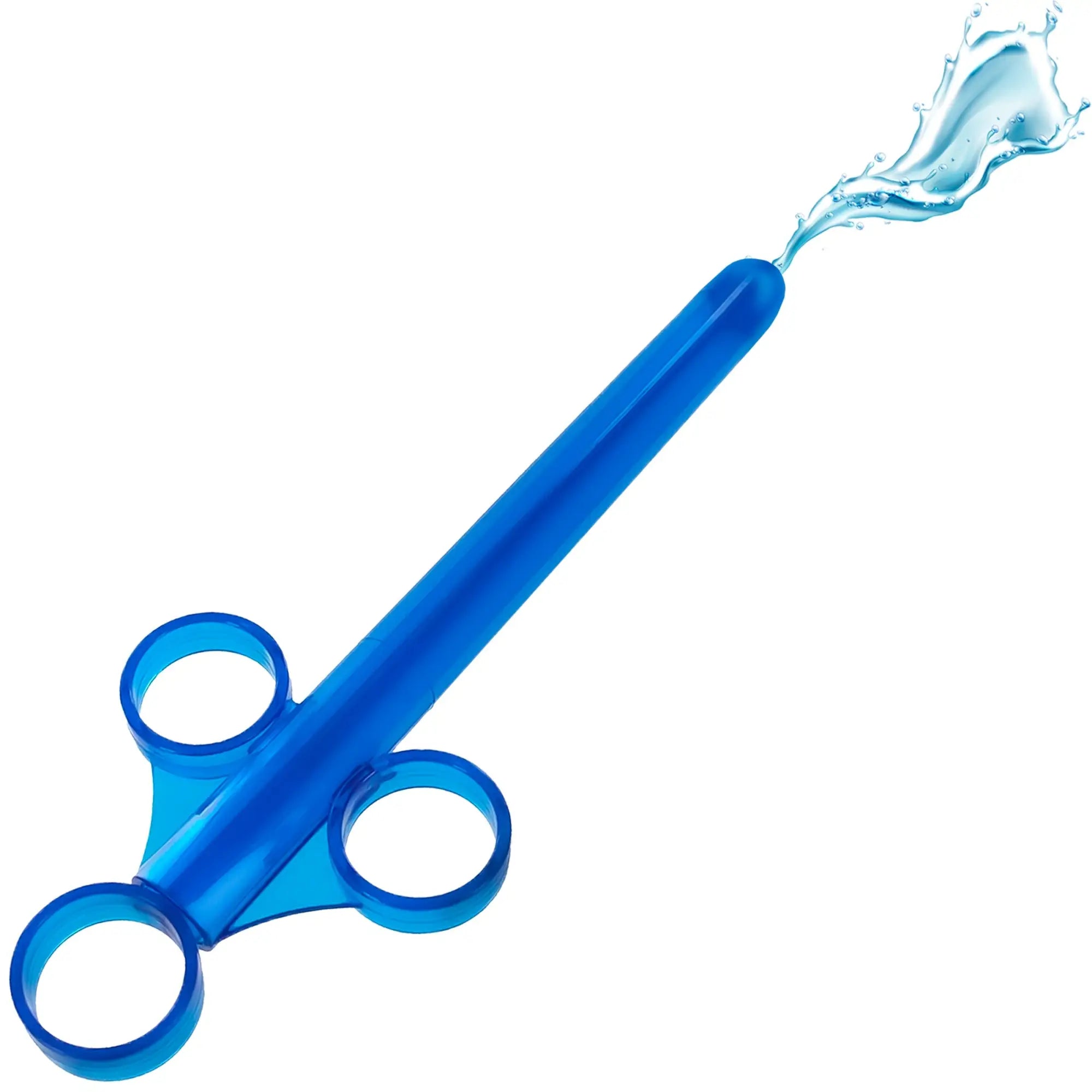The CleanStream XL Lubricant Launcher - CleanStream Blue is a blue plastic syringe-shaped tool with three finger holes, designed to deliver lubricant with precision.