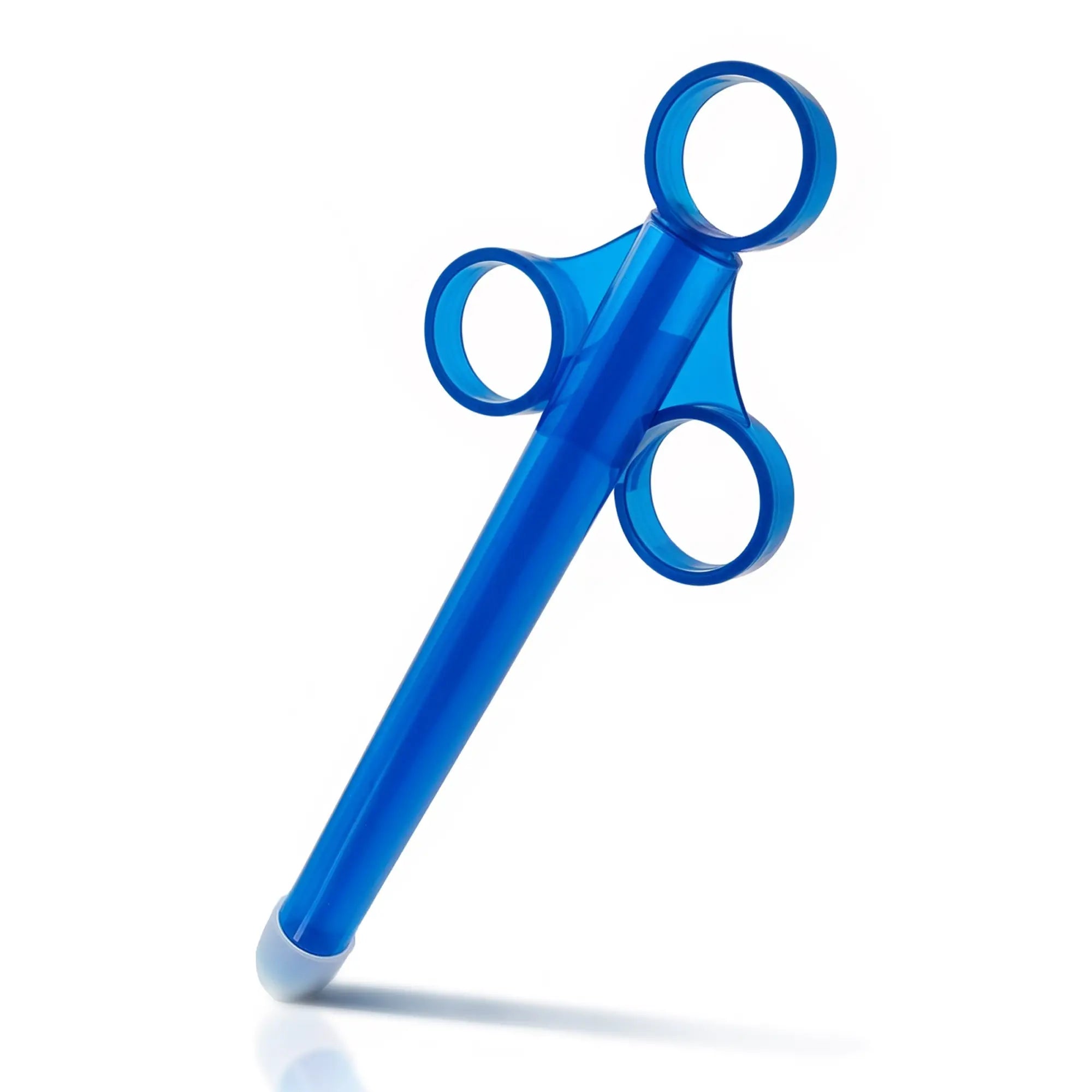 The CleanStream XL Lubricant Launcher - CleanStream Blue, a blue plastic oral syringe with three finger rings and a white tip, is shown against a white background, ideal for use as a lube applicator.