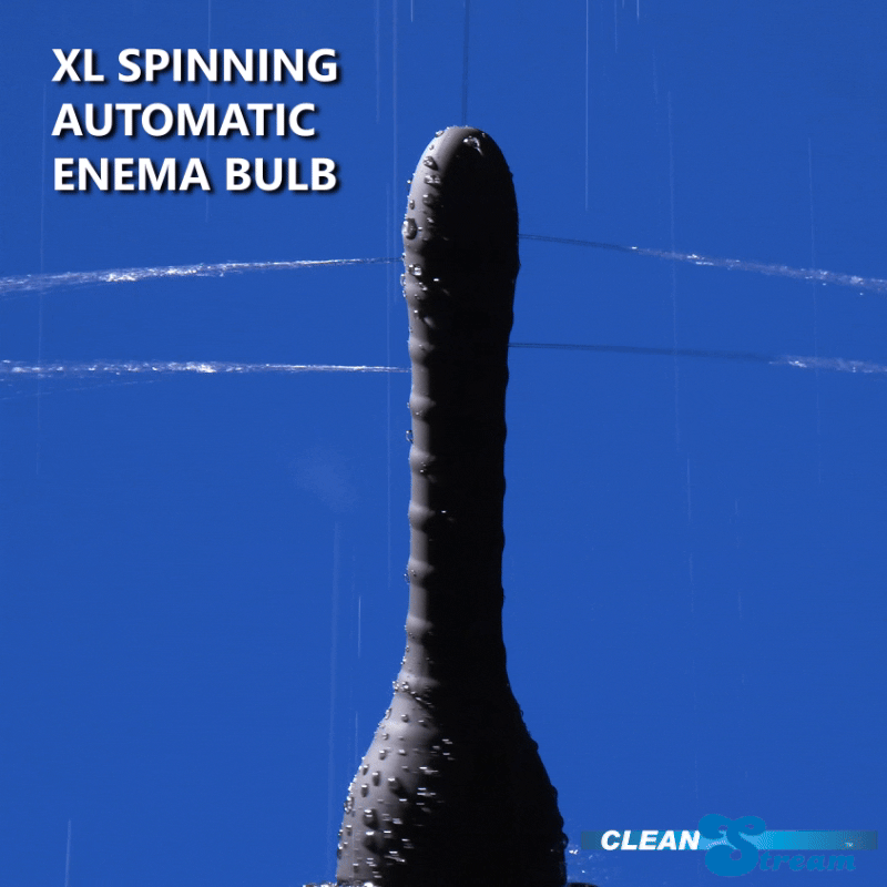 CleanStream XL Spinning Automatic Enema Bulb: A dark grey, ribbed, vertical wand spraying water against a blue background.