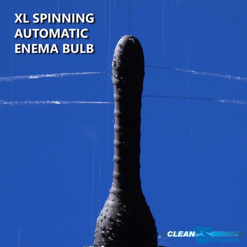 CleanStream XL Spinning Automatic Enema Bulb: A dark grey, ribbed, vertical wand spraying water against a blue background.