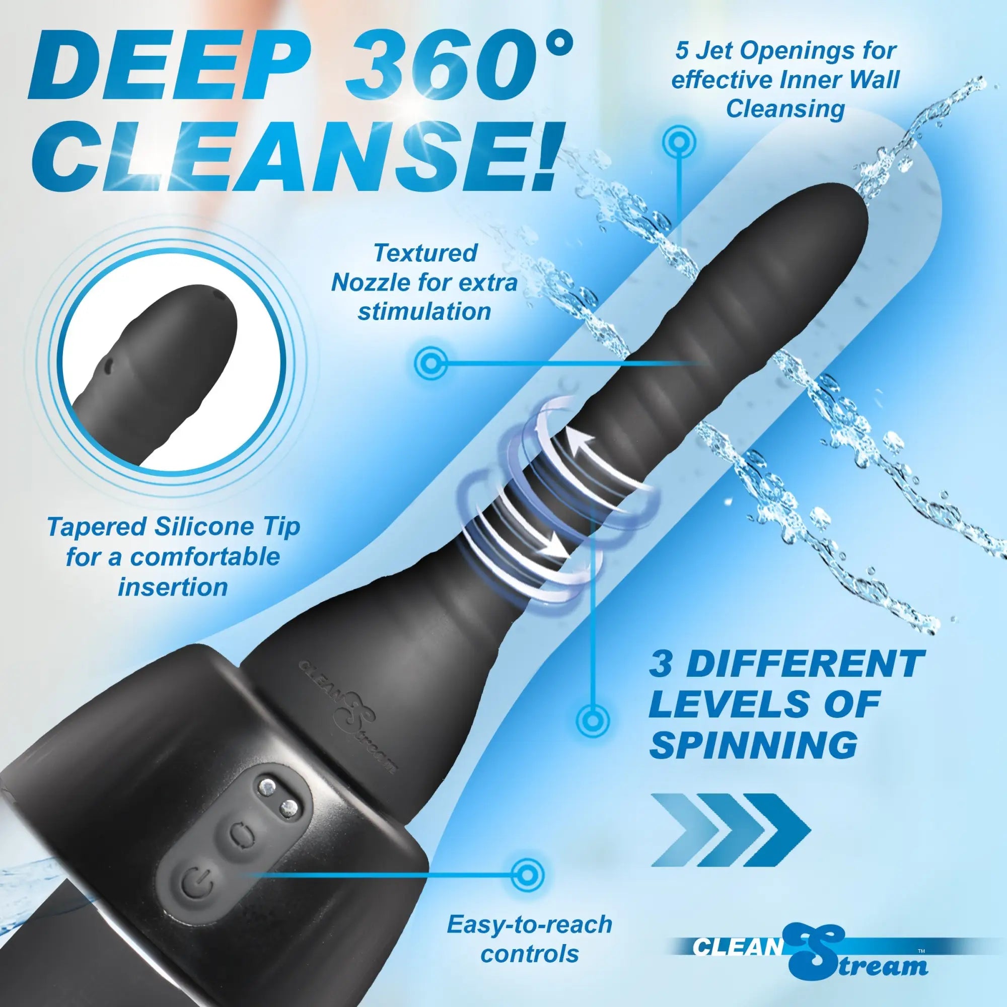 CleanStream XL Spinning Automatic Enema Bulb in matte black, featuring a tapered nozzle, water jets, and button controls.