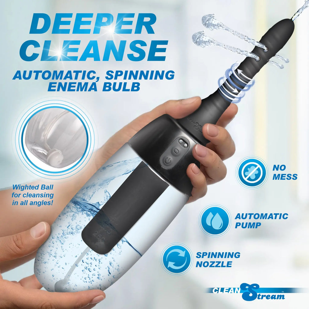 CleanStream XL black automatic enema bulb with spinning nozzle, water jets, and weighted ball inside clear reservoir.