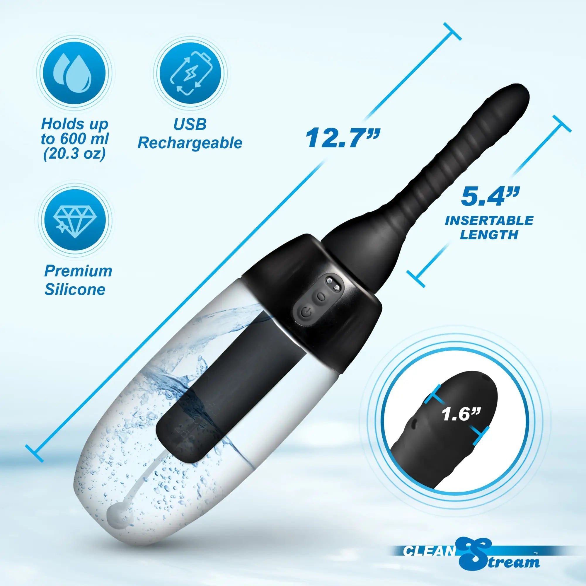 CleanStream XL black silicone automatic enema bulb with clear water reservoir, featuring dimension labels and icons.