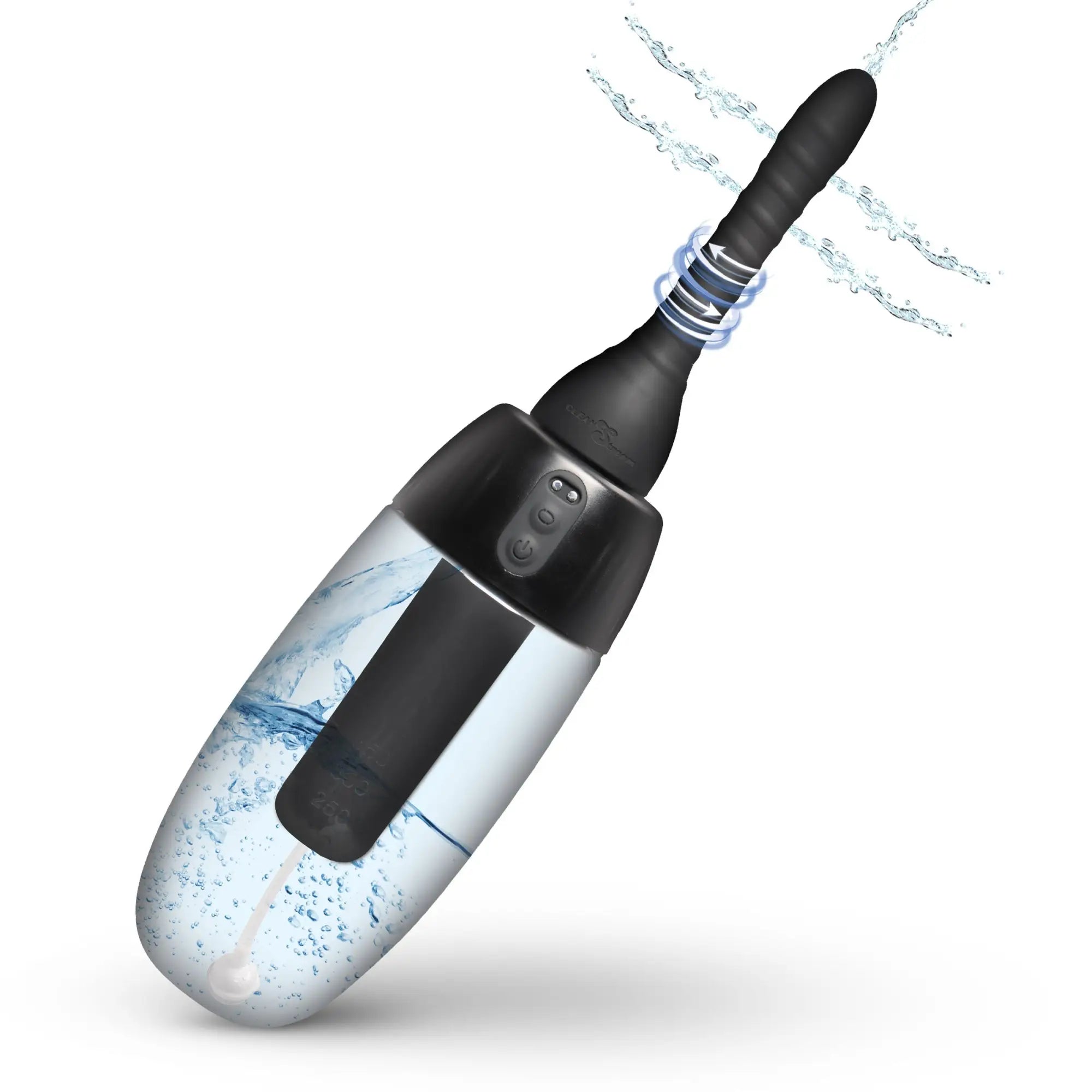 CleanStream XL Spinning Automatic Enema Bulb, a black and clear handheld device spraying water from its nozzle.