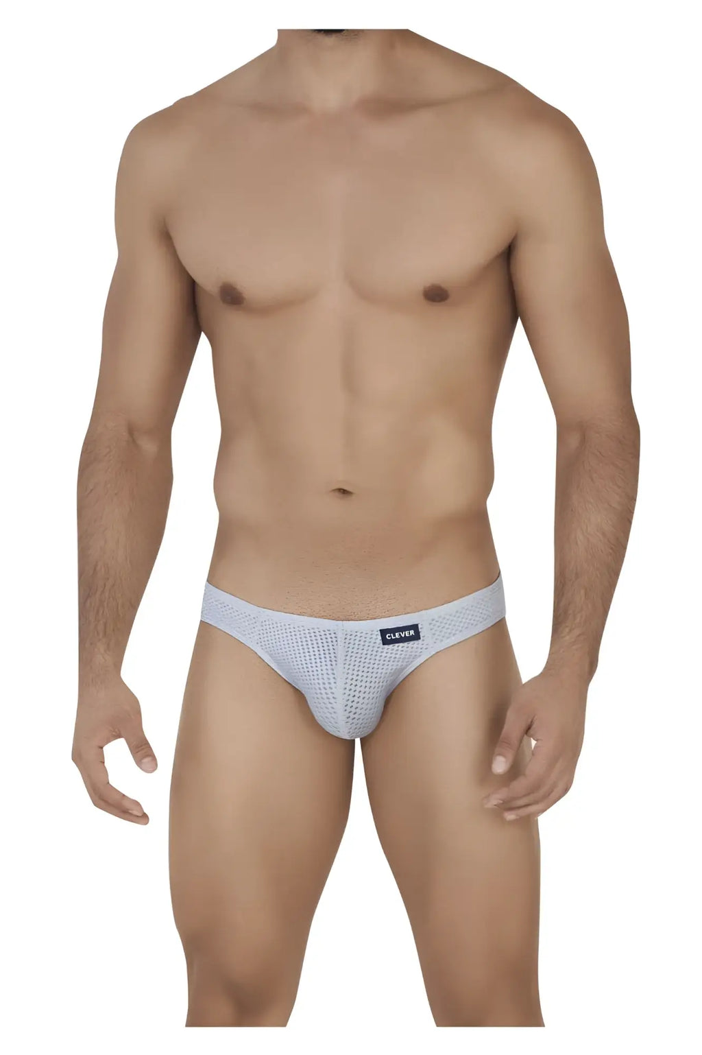 Light gray mesh briefs with subtle pattern and small black Clever brand tag on waistband for comfortable everyday wear