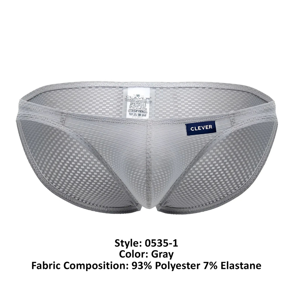 Gray mesh briefs with subtle checkered pattern and branded clever label on waistband from clever 0535-1 kroma bikini