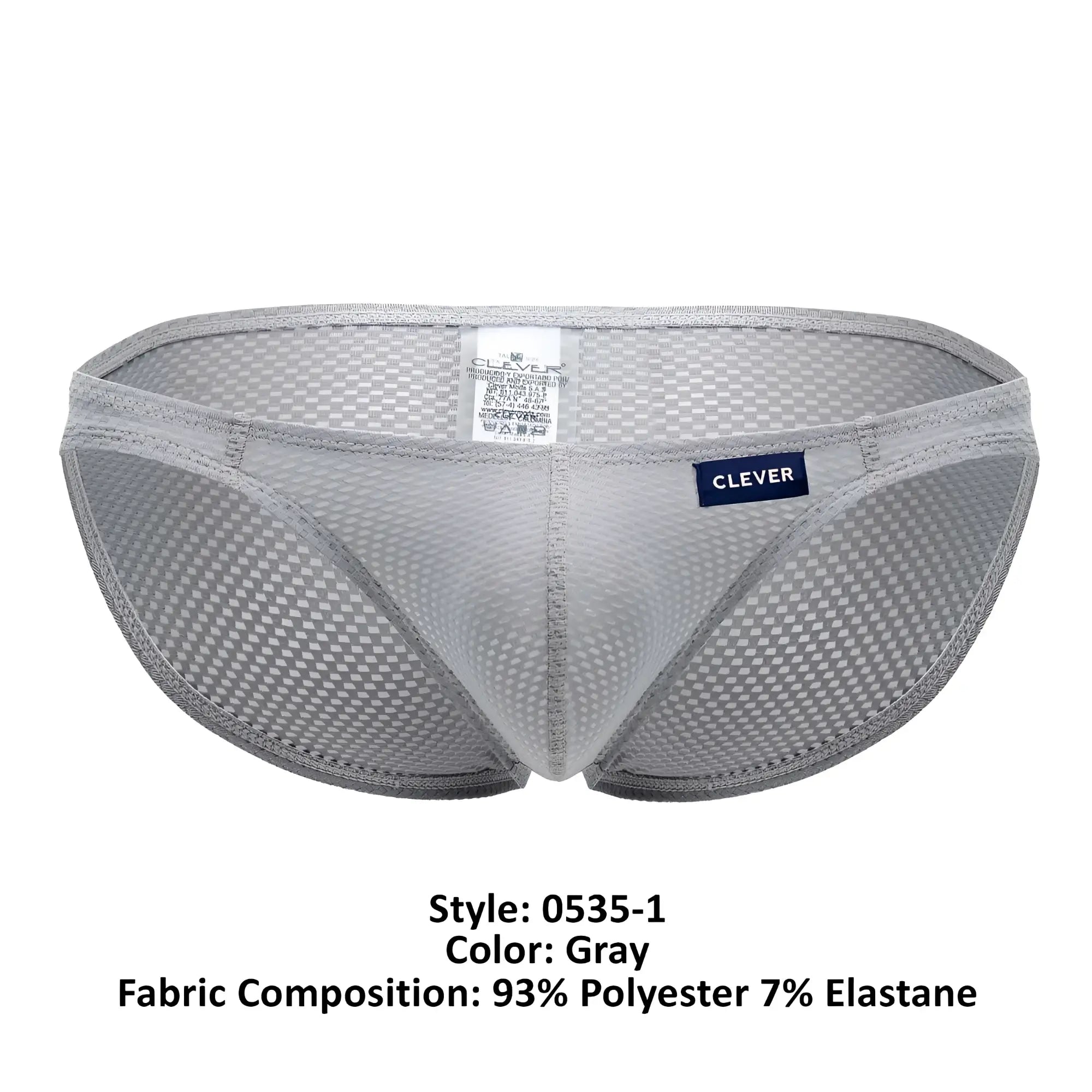 Gray mesh briefs with subtle checkered pattern and branded clever label on waistband from clever 0535-1 kroma bikini