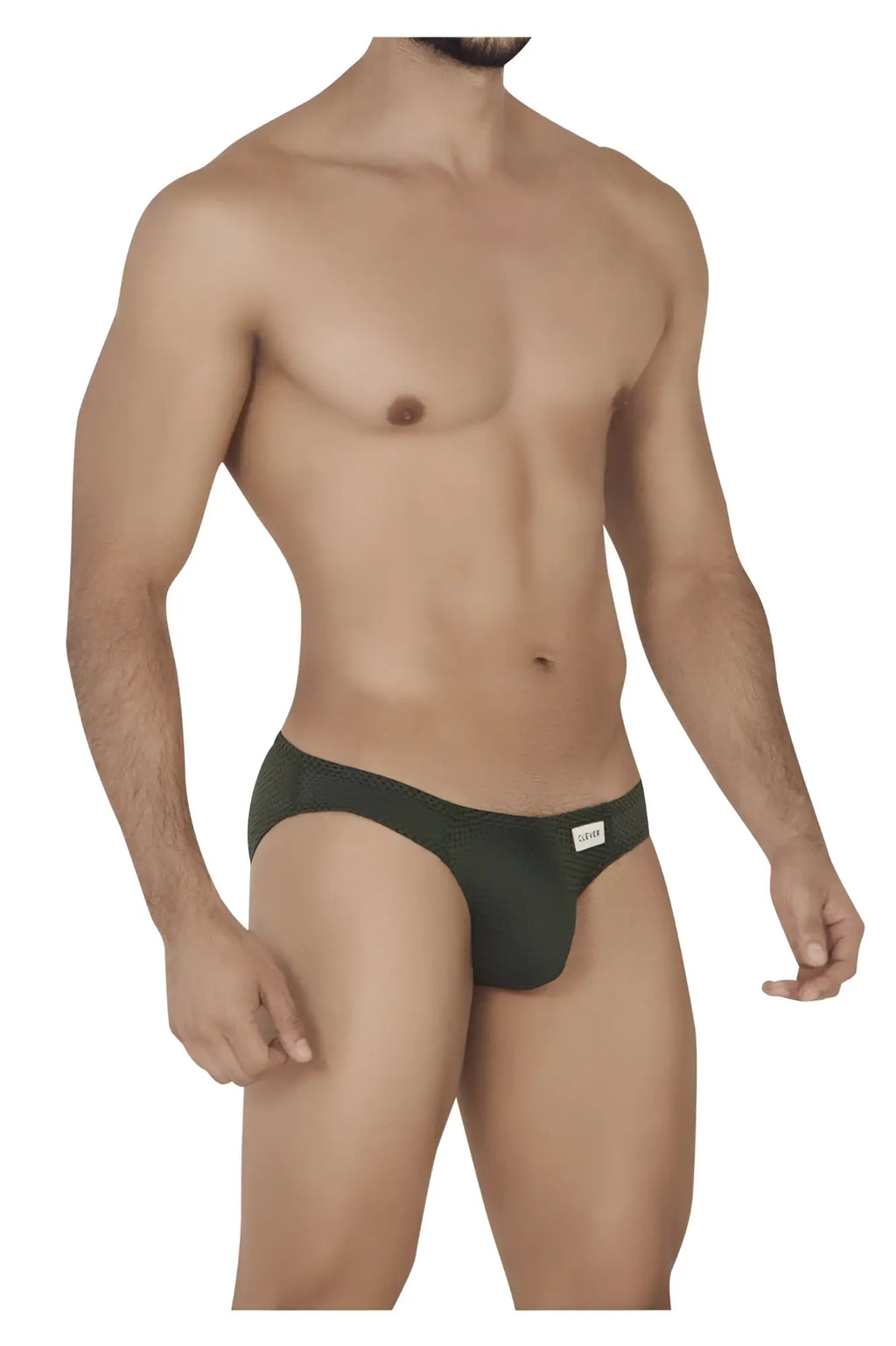 Dark green form-fitting clever 0535-1 kroma bikini briefs with subtle textured pattern and small white waistband label
