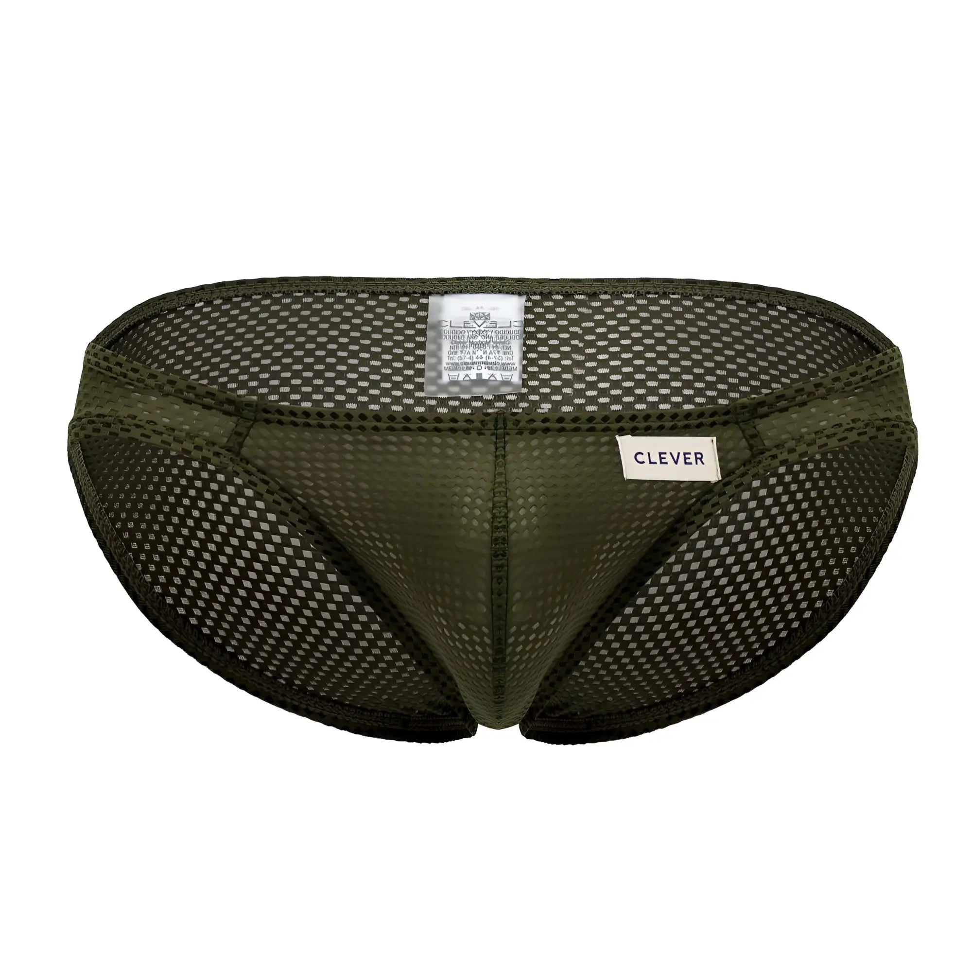 Olive green mesh briefs with clever branded label from clever 0535-1 kroma bikini collection front view