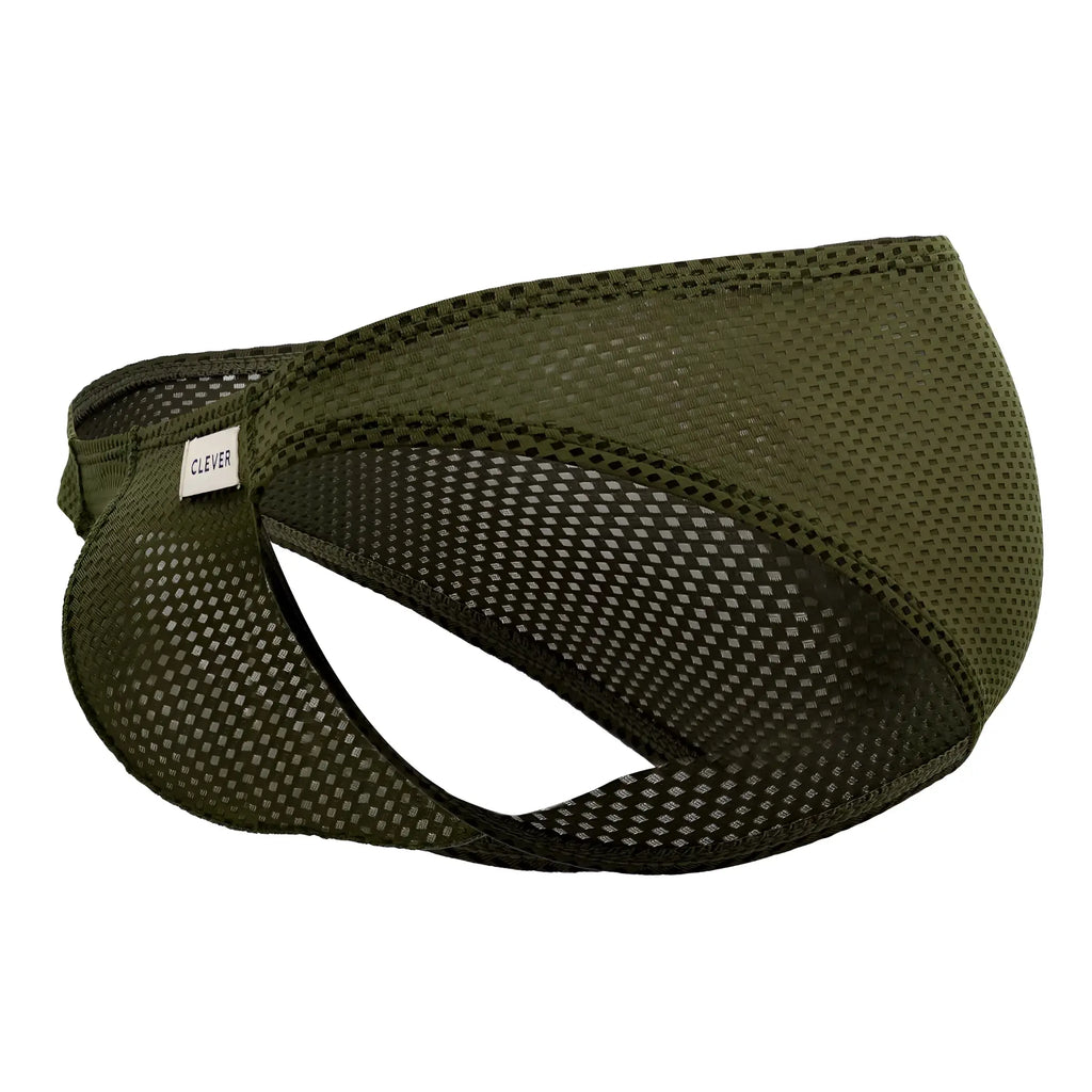 Olive green mesh men’s underwear clever 0535-1 kroma bikini with branded tag shown from the front