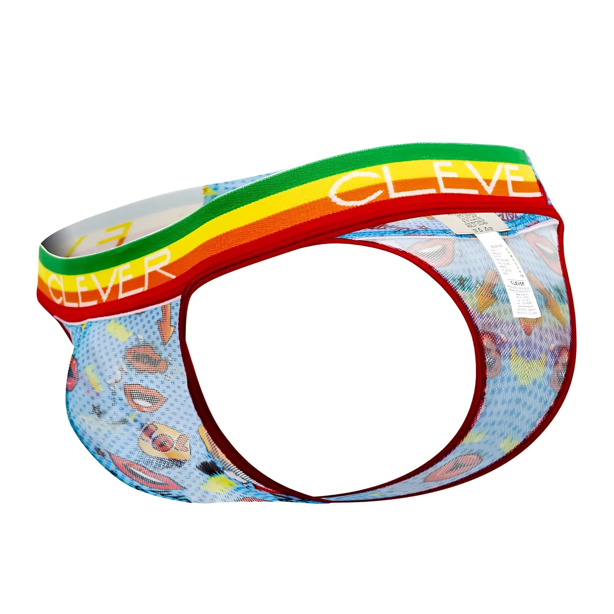 Clever 0609-1 Motivation thongs in blue light mesh with rainbow waistband and colorful fruit patterns for men