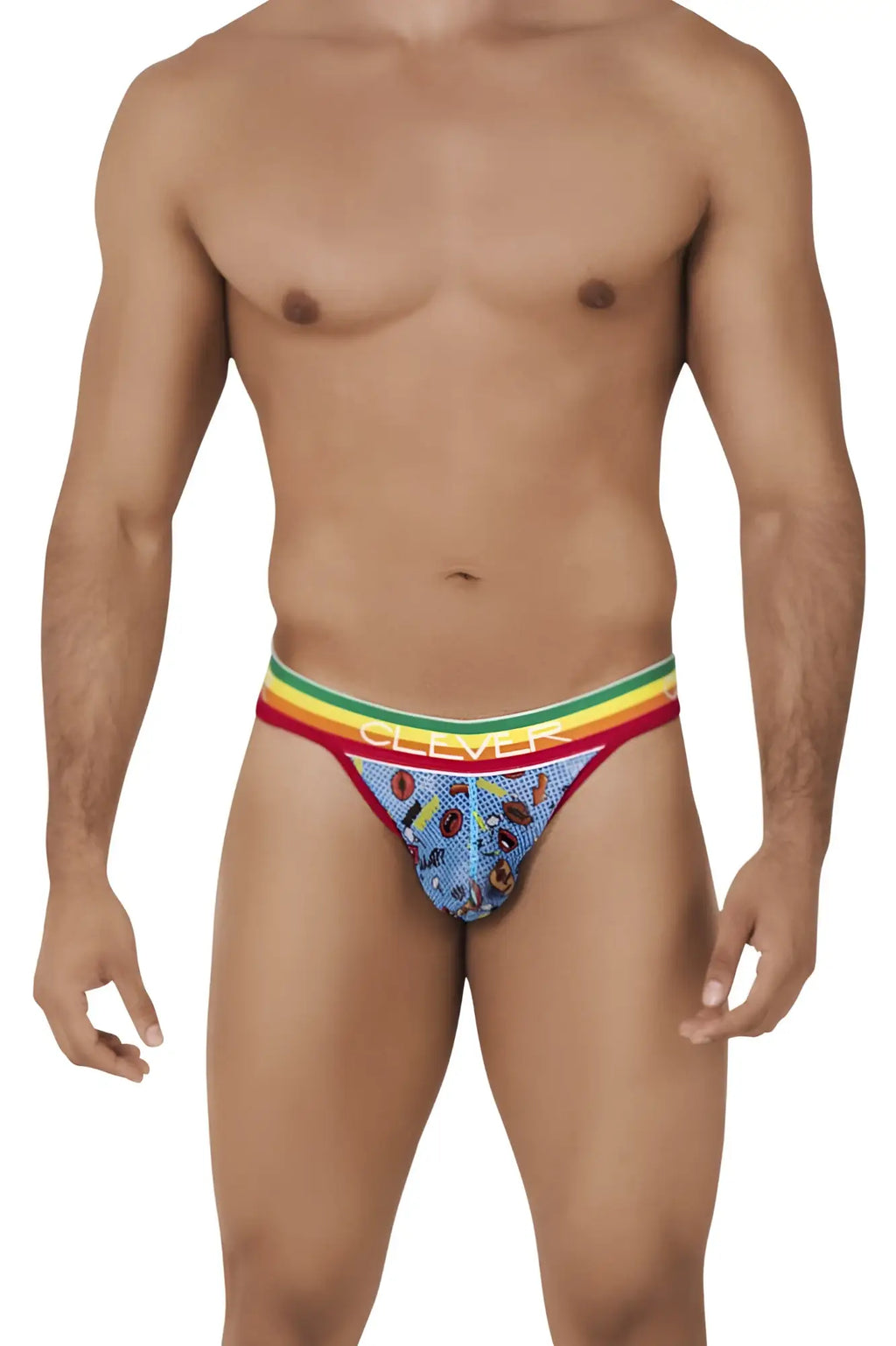 Blue patterned men’s briefs with rainbow striped waistband and clever logo in white from clever 0609-1 motivation thongs
